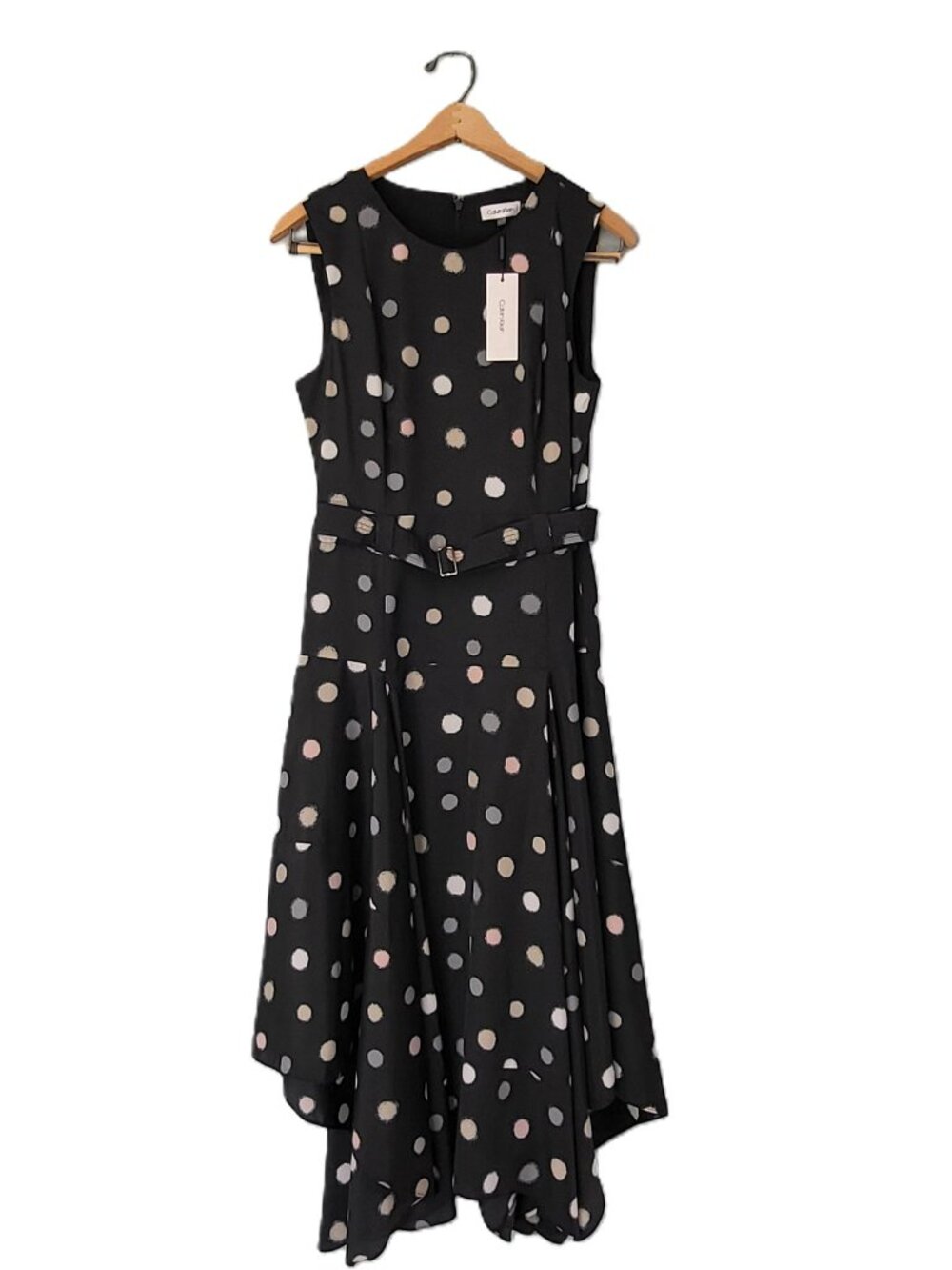 Calvin Klein Black Polka Dot Belted Handkerchief Hem Midi Dress Size 8 NWT